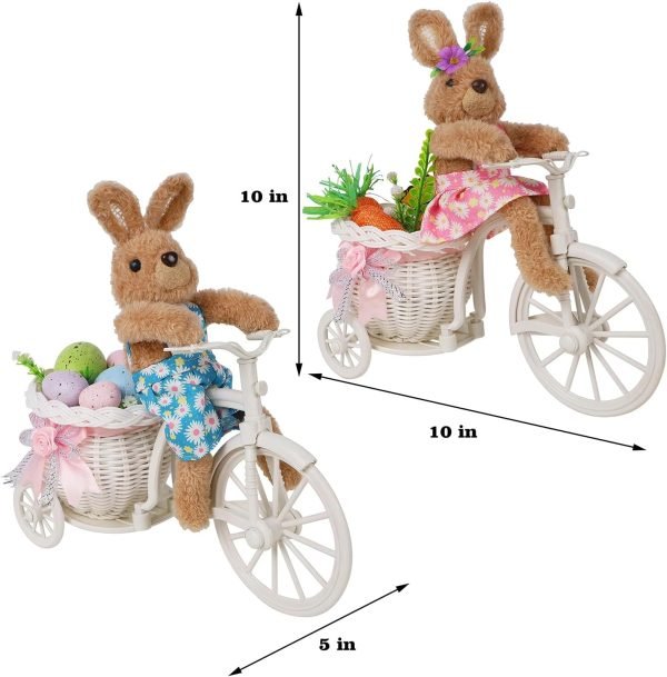 Goodsright Decor Set of 2 Easter Tabletop Decorations Plush Bunny Couple, 10" Easter Rabbits Ride Bike, Cute Animal Figurine for Girls' Gift, Easter Basket Filler Spring Home Kitchen Room Ornament