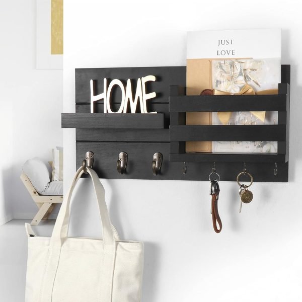 Goodsright Decor Mail Organizer for Wall Mount ?C Key Holder with Shelf Includes Letter Holder and Hooks for Coats, Dog Leashes ?C Rustic Wood with Flush Mounting Hardware (16.5?? x 8.7?? x 3.5??)
