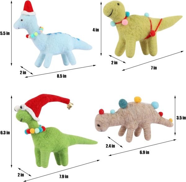 Goodsright Decor Christmas Felt Dinosaurs Ornaments Set of 4, Xmas Wool Dinosaur Hanging Decor, Felt Animal Crafts Woodland Cute Christmas Tree Wreath Decor for Home Dinosaur Themed Birthday Party Supplies