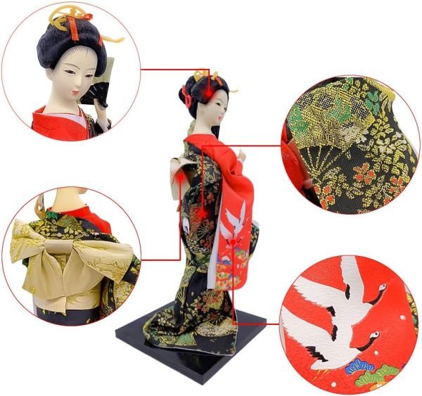 Goodsright Decor 12" Japanese Geisha Kimono Doll Ornaments Asian Kimono Doll 30cm Handicrafts Statuette Folk Ethnic Collectible Figurine Decoration Gift Black Red