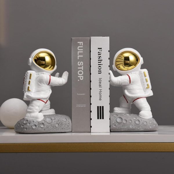 Goodsright Decor Space Decor Bookends, Resin Astronaut Bookshelf Ends for Kids Rooms Gold Book Ends for Heavy Books Fun Heavy Duty Book End Holder Astronaut Figurine Statue for Office Home Room(D-Gold)
