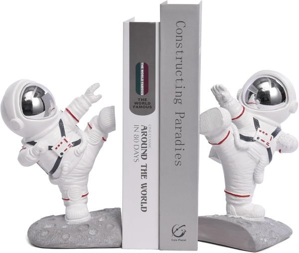 Goodsright Decor Space Decor Bookends, Resin Astronaut Bookshelf Ends for Kids Rooms Gold Book Ends for Heavy Books Fun Heavy Duty Book End Holder Astronaut Figurine Statue for Office Home Room(D-Gold)