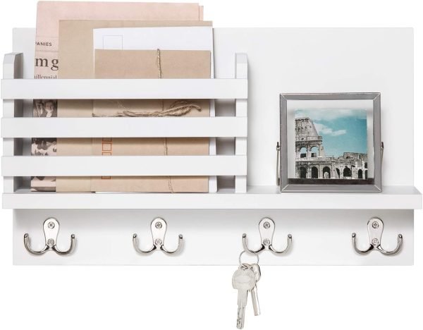 Goodsright Decor Wall Mounted Mail Holder Wooden Key Holder Rack Mail Sorter Organizer with 4 Double Key Hooks and A Floating Shelf Rustic Home Decor for Entryway or Mudroom,15.7" W x9.3 Hx3.2 D, Brown