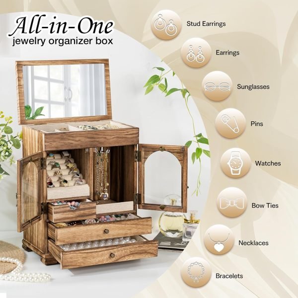 Goodsright Decor Jewelry Box for Women, Rustic Wooden Jewelry Boxes & Organizers with Mirror, 4 Layer Girls Jewelry Storage for Rings Earrings Necklaces Bracelets Valentines Day Gifts for Her