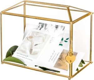 Goodsright Decor 10.2" x 5.9" x 7.9" Small Glass Cards Box with Slot and Lock for Wedding Reception - Birthdays Party Card Holder, Home Geometric Decorative, Clear Gold Terrarium (Glass Box Only)