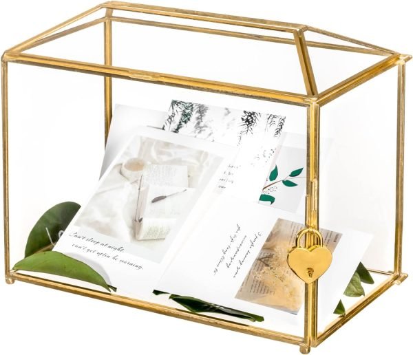 Goodsright Decor 10.2" x 5.9" x 7.9" Small Glass Cards Box with Slot and Lock for Wedding Reception - Birthdays Party Card Holder, Home Geometric Decorative, Clear Gold Terrarium (Glass Box Only)