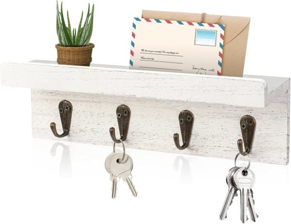 Goodsright Decor Rustic Key Holder for Wall, Farmhouse Wall Shelf with 4 Hooks, Wall Mounted Key Racks, Wooden Mail Organizer with Hooks for Entryway (Brown)