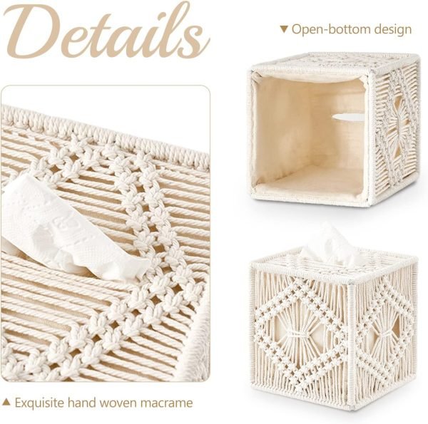 Goodsright Decor Tissue Box Cover Macrame Square Open-Bottom Tissue Box Holder Boho Decor Tissue Organizer Bohemian Handmade Woven Tissue Cube Box for Bathroom Bedroom Dresser Living Room Office Dorm