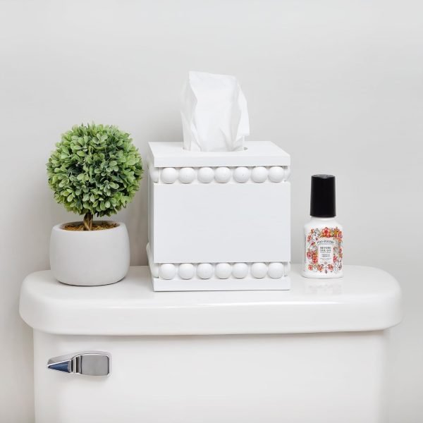 Goodsright Decor Beaded Square Tissue Box Cover (White); Rustic Farmhouse Wood Tissue Holder
