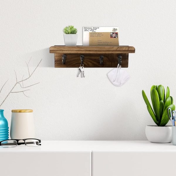 Goodsright Decor Rustic Key Holder for Wall, Farmhouse Wall Shelf with 4 Hooks, Wall Mounted Key Racks, Wooden Mail Organizer with Hooks for Entryway (Brown)