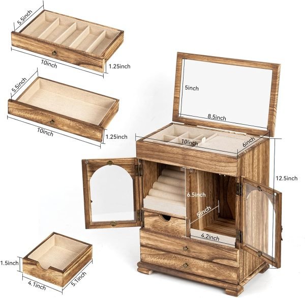 Goodsright Decor Jewelry Box for Women, Rustic Wooden Jewelry Boxes & Organizers with Mirror, 4 Layer Girls Jewelry Storage for Rings Earrings Necklaces Bracelets Valentines Day Gifts for Her