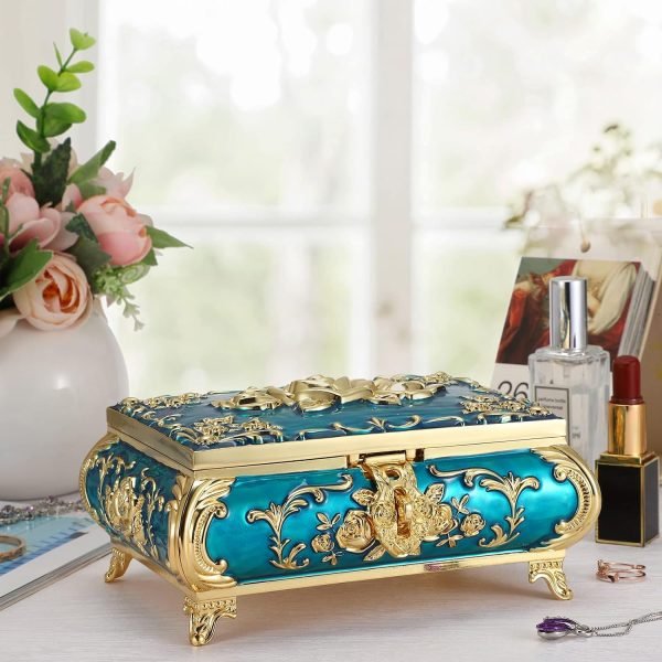 Goodsright Decor Metal Decorative Jewelry Box Vintage Treasure Chest Case Ornate Trinket Organizer Earrings Necklace Bracelet Storage Box Ring Holder Keepsake Box for Women Girls