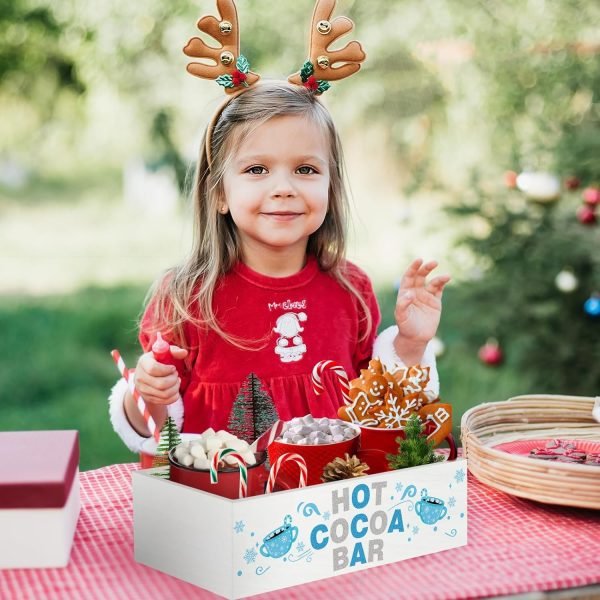 Goodsright Decor Christmas Hot Cocoa Bar Decor Box Hot Cocoa Bar Wood Storage Box Xmas Blue Bar Holder Box Hot Cocoa Decorative Christmas Cute Wood Storage Bins for Home Kitchen Office Farmhouse Gift
