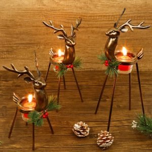 Goodsright Decor Set of 3 Reindeer Tealight Candle Holders, Standing Iron Metal Christmas Decorations, Glass Votive Candle Holder, Durable and Rust-Proof Holiday Tabletop Centerpiece and Display