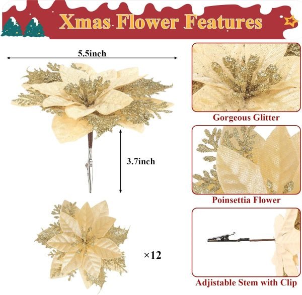 Goodsright Decor 24Pcs Christmas Glitter Poinsettia Flowers, Artificial Christmas Flower with Clips Glitter Christmas Tree Ornaments for Wedding Party Holiday Wreath Table Decoration