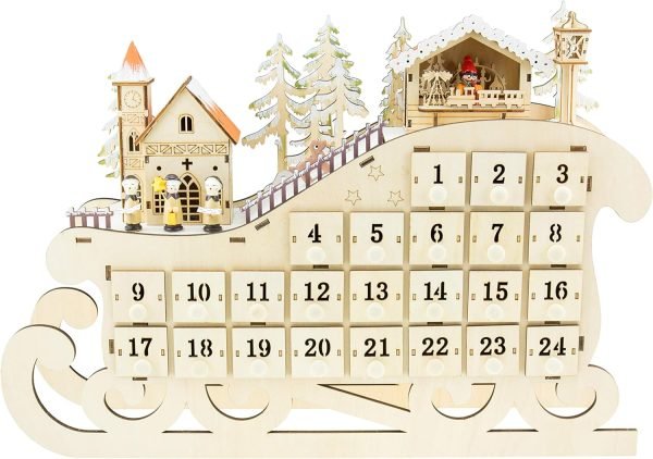Goodsright Decor Wooden Christmas Advent Calendar, Countdown to Christmas, LED Holiday Decoration, Battery Operated, Reindeer Village