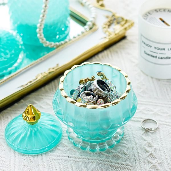 Goodsright Decor Blue Vintage Glass Jewelry Box,Crystal Candy Jar with Lid,Candy Dishes Decorative,Glass Storage Bathroom Jar Gift for Women