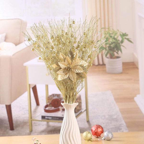 Goodsright Decor 24Pcs Christmas Glitter Poinsettia Flowers, Artificial Christmas Flower with Clips Glitter Christmas Tree Ornaments for Wedding Party Holiday Wreath Table Decoration