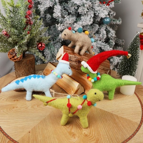 Goodsright Decor Christmas Felt Dinosaurs Ornaments Set of 4, Xmas Wool Dinosaur Hanging Decor, Felt Animal Crafts Woodland Cute Christmas Tree Wreath Decor for Home Dinosaur Themed Birthday Party Supplies