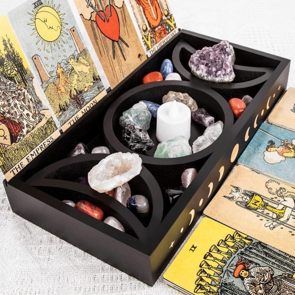 Goodsright Decor Crystal Display Moon Tray Tarot Card Holder Stand, Wiccan Decor & Witchy Accessories & Pagan Altar Supplies, Black Wooden Storage Organizer Box for Rocks Healing Stones Jewelry Home Decorative