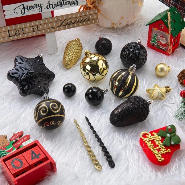 Goodsright Decor 110 Pcs Black and Gold Christmas Ball Ornaments Set, Ornaments for Xmas Tree Decoration Bulk, Shatterproof Decorative Hanging Baubles for Party Holiday Wreath Garland Home D??cor