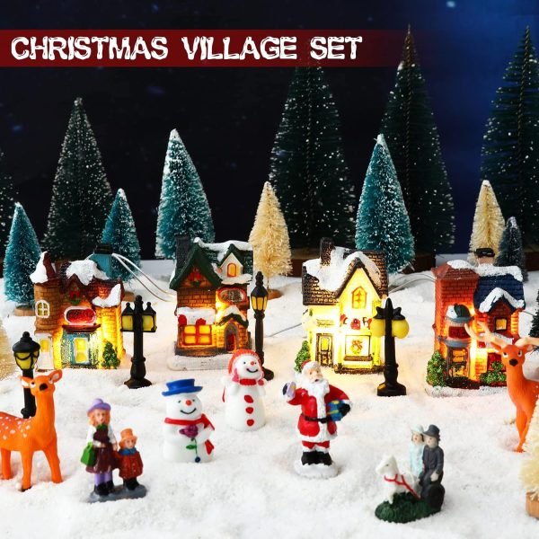 Goodsright Decor 31 Pcs Christmas Village Figurines Decoration Set Lighted LED Christmas Village Houses with Figurines and Snow Blanket Roll for Christmas Town Scene Desktop Ornaments Battery Operated Landscape Decor