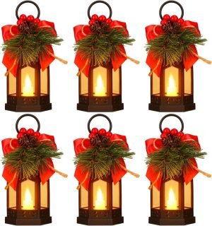 Goodsright Decor 6 Pcs Christmas Decorative Lanterns for Outside with LED Flickering Flameless Candle Red Ribbon Decorative Hanging Lantern Vintage Holiday Lanterns for Indoor Outdoor Table Party Decoration