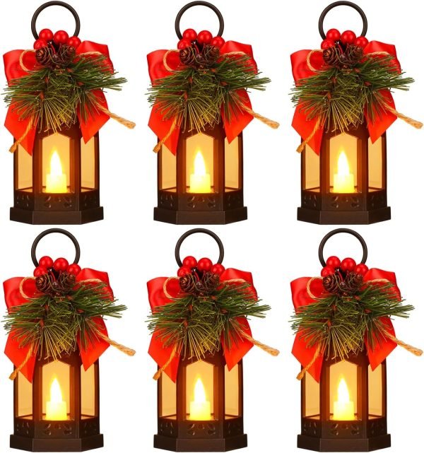 Goodsright Decor 6 Pcs Christmas Decorative Lanterns for Outside with LED Flickering Flameless Candle Red Ribbon Decorative Hanging Lantern Vintage Holiday Lanterns for Indoor Outdoor Table Party Decoration