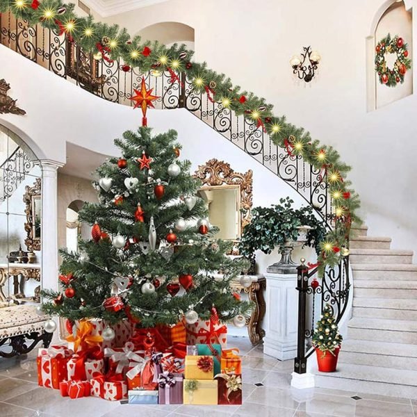 Goodsright Decor 9 FT Artificial Christmas Garland, Pre-Lit 50 LED Battery Operated Lighted Xmas Garland with 8 Modes for Indoor Holiday Door Home Decorations (Red)