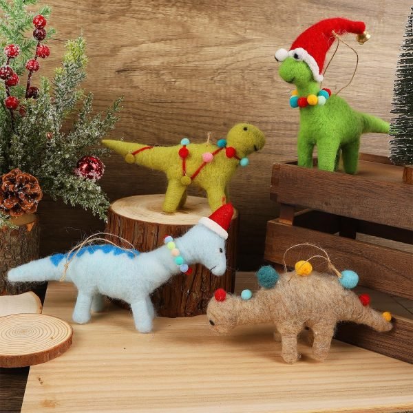Goodsright Decor Christmas Felt Dinosaurs Ornaments Set of 4, Xmas Wool Dinosaur Hanging Decor, Felt Animal Crafts Woodland Cute Christmas Tree Wreath Decor for Home Dinosaur Themed Birthday Party Supplies