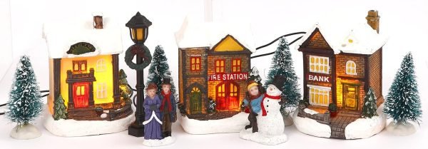 Goodsright Decor Miniature LED Lighted 10-Piece Christmas Village Scene with Santa - Small Decorative Mini Light Up Tabletop Mantel Shelf Xmas Winter Decorations Home Decor