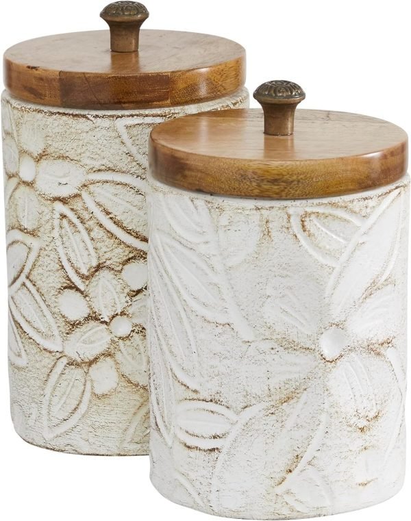 Goodsright Decor 79 Ceramic Handmade Decorative Decorative Jars Intricately Carved Decorative Containers with Wood Lids, Set of 2 Decorative Keepsake Boxes 9", 10"H, White