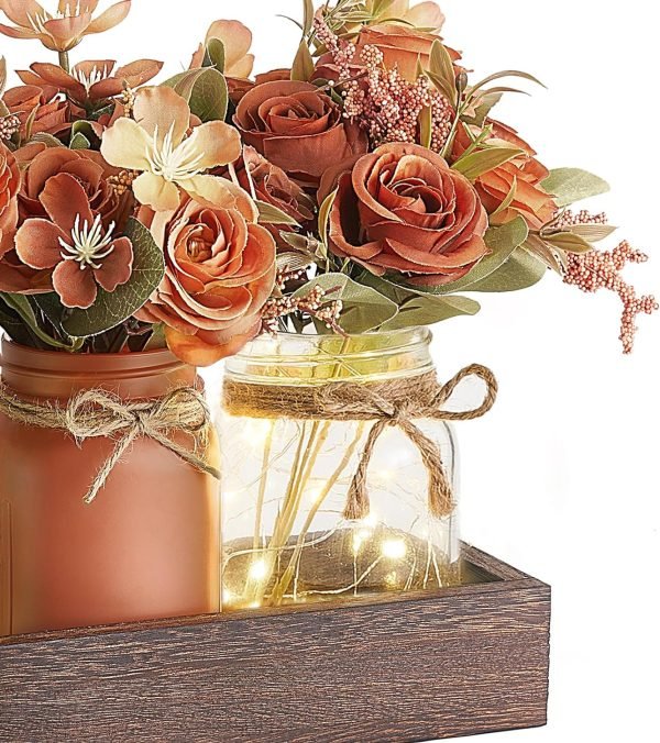 Goodsright Decor Jar Lights Centerpiece Table Decorations for Dining Room Farmhouse Coffee Table Decor Tray with 3 Jars Flowers Christmas Centerpieces Decor for Kitchen Living Dining Room, Orange