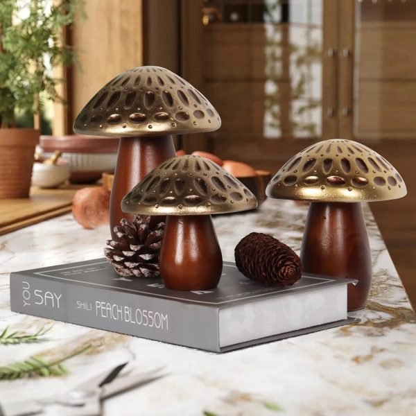 Goodsright Decor Mushroom Statues, Coffee Table Decor, Mushroom Ornaments, Set of 3, Mushroom Decorations, Gold Wooden Mushrooms, Mushroom Decor Aesthetic, Mushroom Figurines