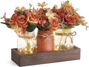 Goodsright Decor Jar Lights Centerpiece Table Decorations for Dining Room Farmhouse Coffee Table Decor Tray with 3 Jars Flowers Christmas Centerpieces Decor for Kitchen Living Dining Room, Orange