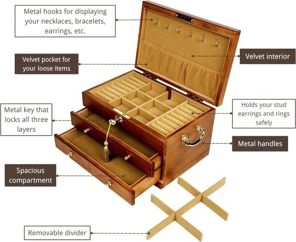 Goodsright Decor Wooden Jewelry Box with Lock and Key for Women, 2 Drawers Medium Size Real Natural Wood Lockable Antique Girls Organizer Boxes with Large Storage, Ring Compartments, Built in Necklace Hooks