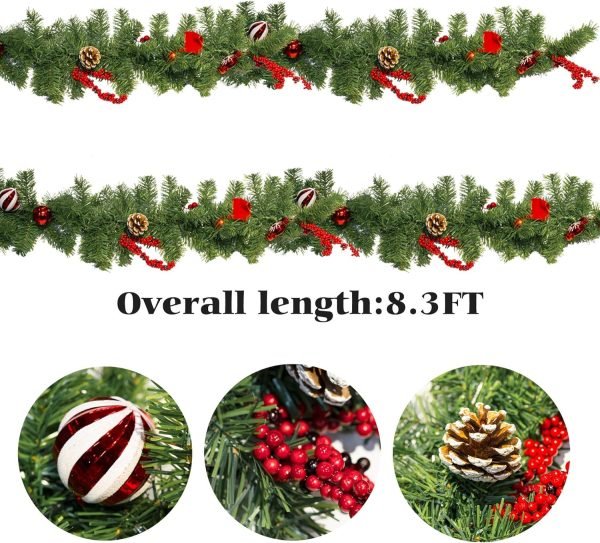 Goodsright Decor 9 FT Artificial Christmas Garland, Pre-Lit 50 LED Battery Operated Lighted Xmas Garland with 8 Modes for Indoor Holiday Door Home Decorations (Red)