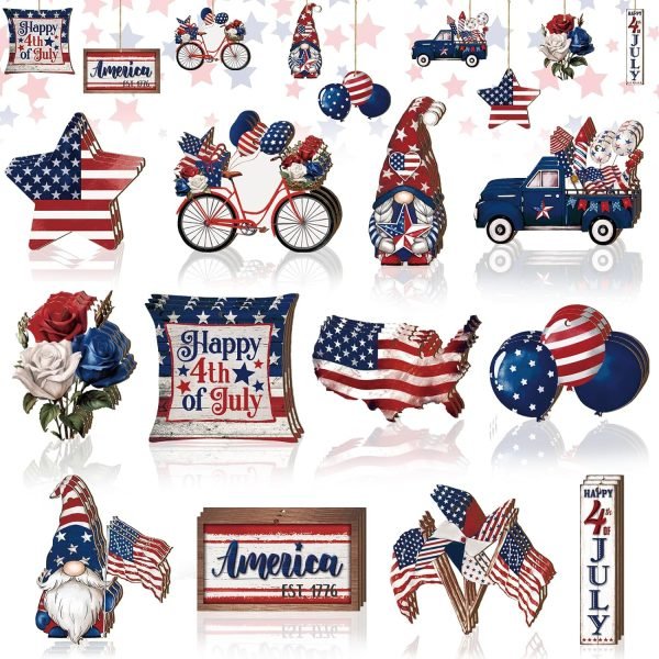 Goodsright Decor 36 Pcs 4th of July Ornaments for Tree Patriotic Wooden American Flag Ornaments Memorial Day Tree Decorations Red White Blue Hanging Decorations for Tree Independence Day Party (Classic)