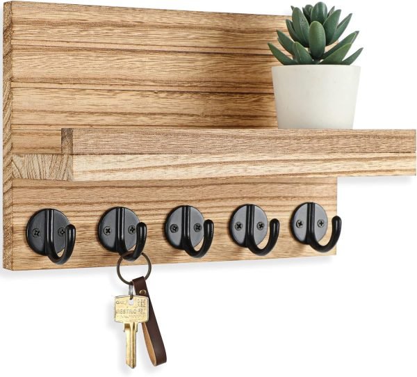Goodsright Decor Key Holder for Wall, Decorative Key and Mail Holder with Shelf Has Large Hooks for Bags, Coats, Umbrella ?C Paulownia Wood Key Hanger with Mounting Hardware (9.8??W x 6.7??H x 4.2??D)