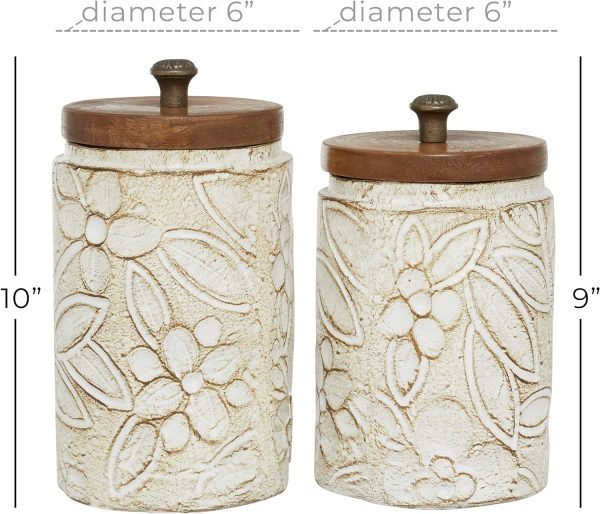Goodsright Decor 79 Ceramic Handmade Decorative Decorative Jars Intricately Carved Decorative Containers with Wood Lids, Set of 2 Decorative Keepsake Boxes 9", 10"H, White