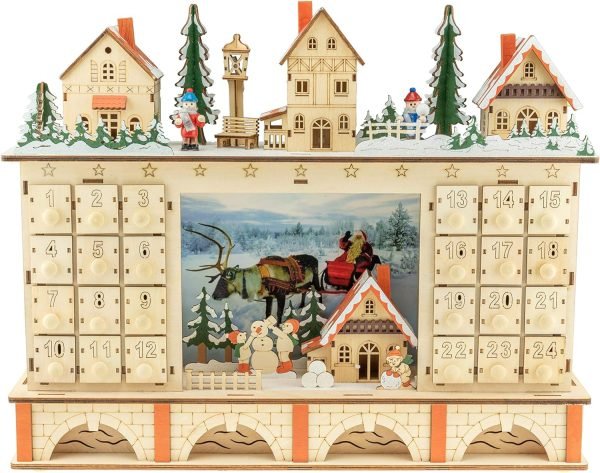 Goodsright Decor Wooden Christmas Advent Calendar, Countdown to Christmas, LED Holiday Decoration, Battery Operated, Reindeer Village