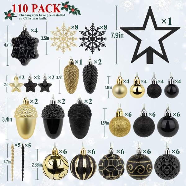 Goodsright Decor 110 Pcs Black and Gold Christmas Ball Ornaments Set, Ornaments for Xmas Tree Decoration Bulk, Shatterproof Decorative Hanging Baubles for Party Holiday Wreath Garland Home D??cor