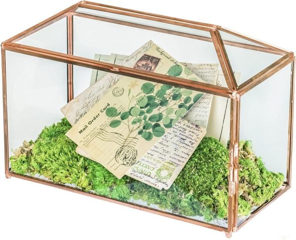Goodsright Decor 10.2" x 5.9" x 7.9" Small Glass Cards Box with Slot and Lock for Wedding Reception - Birthdays Party Card Holder, Home Geometric Decorative, Clear Gold Terrarium (Glass Box Only)