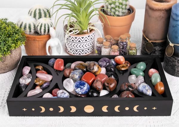 Goodsright Decor Crystal Display Moon Tray Tarot Card Holder Stand, Wiccan Decor & Witchy Accessories & Pagan Altar Supplies, Black Wooden Storage Organizer Box for Rocks Healing Stones Jewelry Home Decorative