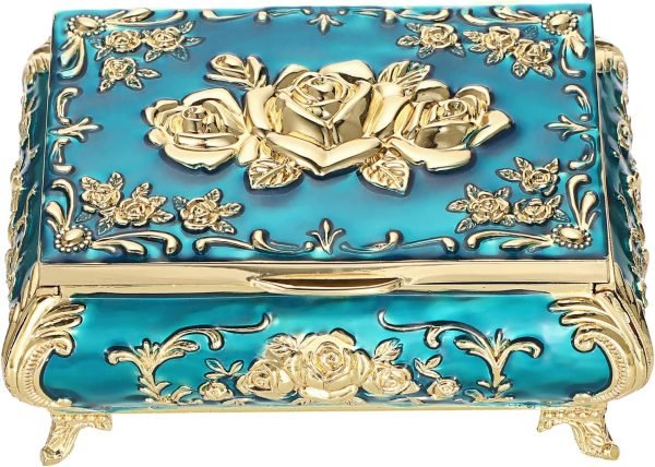 Goodsright Decor Metal Decorative Jewelry Box Vintage Treasure Chest Case Ornate Trinket Organizer Earrings Necklace Bracelet Storage Box Ring Holder Keepsake Box for Women Girls