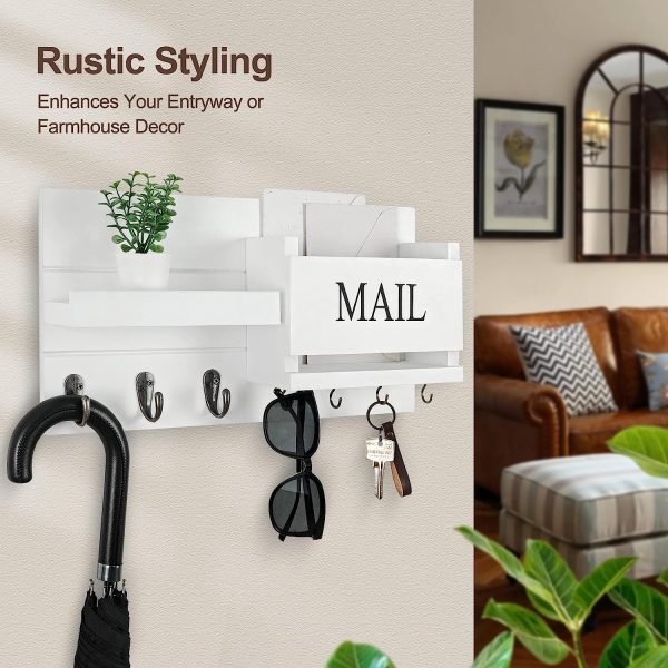 Goodsright Decor Organizer for Wall Mount ?C Key Holder with Shelf Includes Letter Holder and Hooks for Hallway Farmhouse Decor ?C Rustic Wood with Flush Mounting Hardware (16.5?? x 9.1?? x 3.4??) (White)