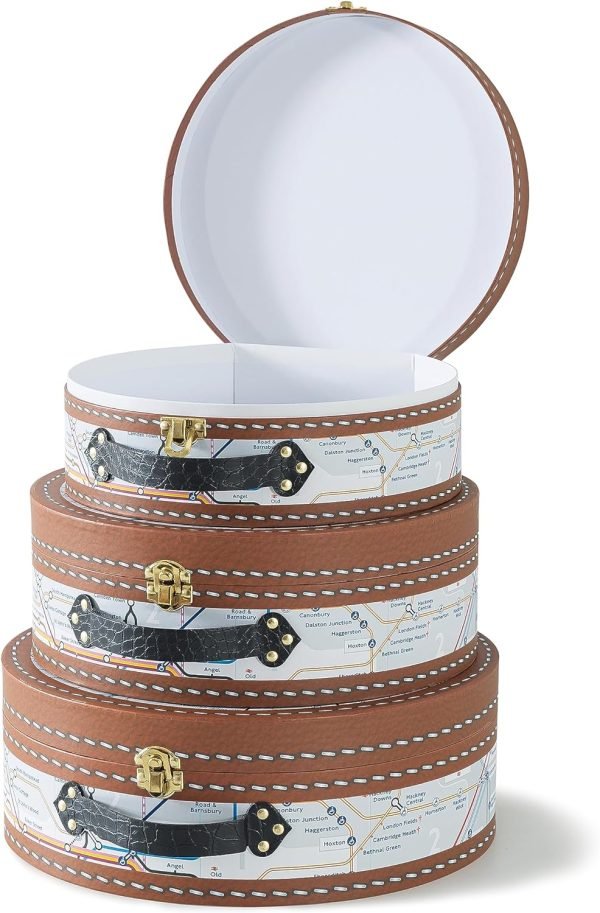 Goodsright Decor Round-Edged Cardboard Decorative Storage Boxes with Lids: Set of 3 Metro Route Themed Gifts, Mini Vintage Suitcases, Transit Map Decorated Boxes, Scrapbook Storage Boxes, Prop Storage Boxes