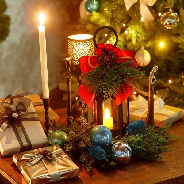 Goodsright Decor 6 Pcs Christmas Decorative Lanterns for Outside with LED Flickering Flameless Candle Red Ribbon Decorative Hanging Lantern Vintage Holiday Lanterns for Indoor Outdoor Table Party Decoration