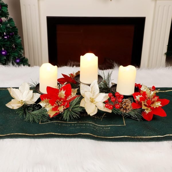 Goodsright Decor Christmas Centerpiece, Christmas Candle Holders, Christmas Tabletop Poinsettia Centerpiece with 3 Flameless Candle, Romantic Holiday Candelabrum for Home Party Christmas Table Mantel Decorations