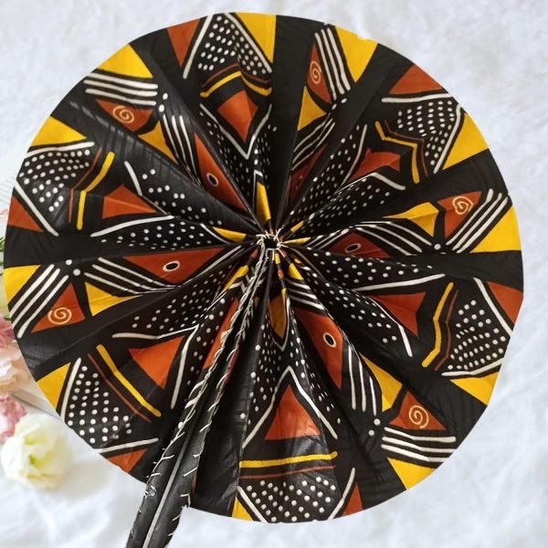 Goodsright Decor Handmade African Fan-Round Folding Handheld Fan for Costume, Dance, Party, Festival, Summer, Home Decor - Traditional Ankara Fabric Fan with Colorful Ethnic Print, Leather Handle (Design 11)
